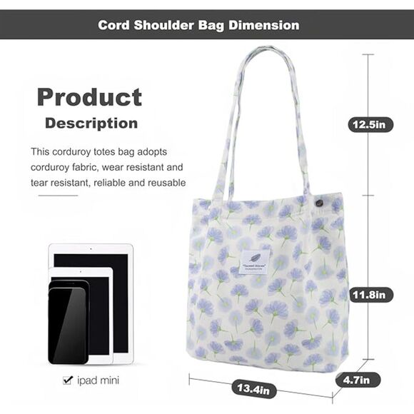 Women Floral Imported Corduroy Small Canvas Shoulder Handy Inner Pocket Tote Bag - Picture 3 of 4